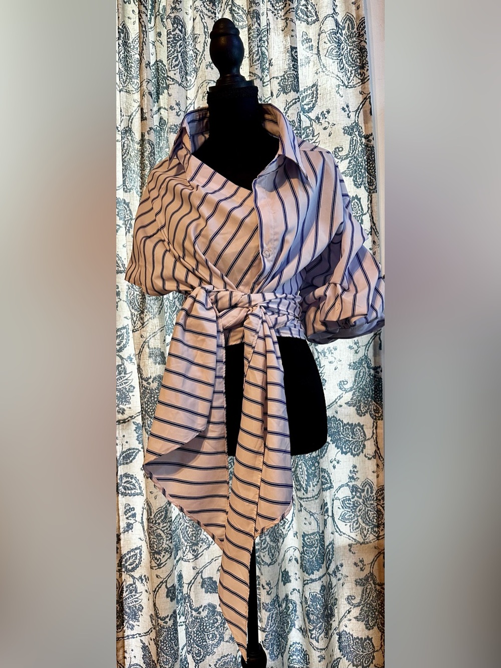 Tea n Cup White and Navy Striped Wrap Button-Down Blouse